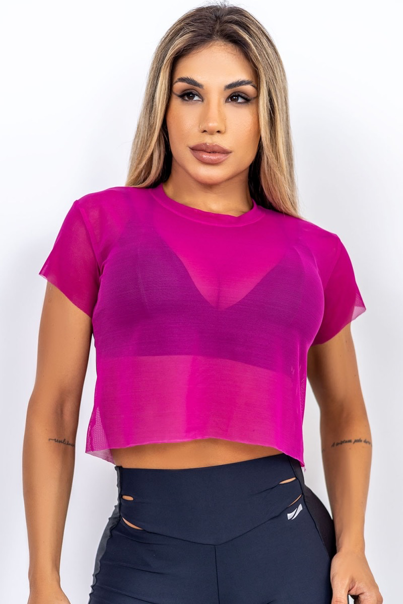 Футболка Cropped Pink Sheer укорочена із сітки малинова
